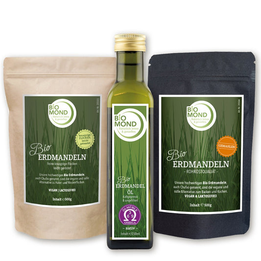 Bio Erdmandel Genuss-Set: Erdmandelöl 250 ml + Erdmandelflocken & Erdmandeln fein gemahlen je 500 g